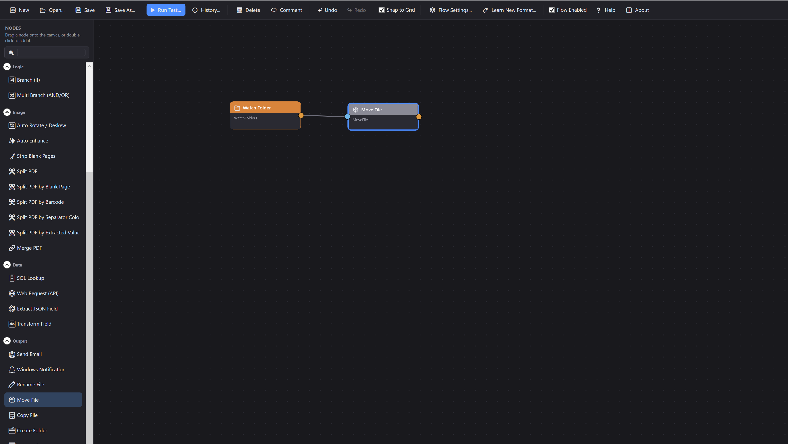 A minimal ScanWright flow with just two nodes: Watch Folder connected to Move File
